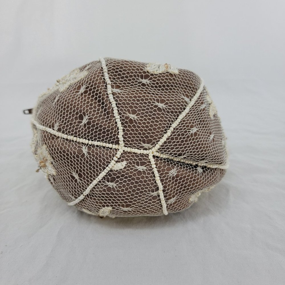 Satin Lace Pearl Bead Brown Ivory/Gold Wedding/Cocktail Small Ball Handbag Purse - Picture 8 of 12